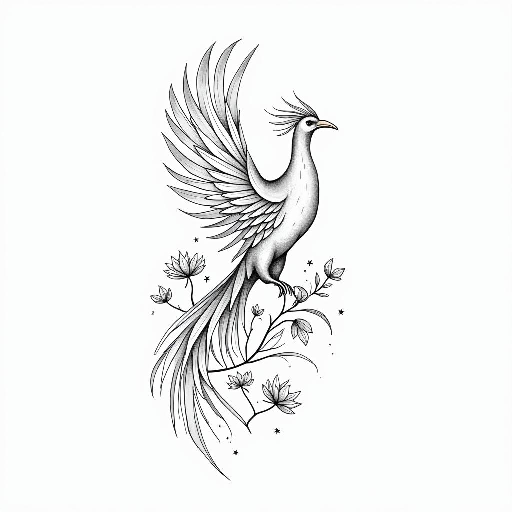 a fine, poetic and symbolic design representing a stylized phoenix – a symbol of rebirth and transformation. I would like this phoenix to be surrounded by flowers (lotus, magnolia) and delicate foliage, with a very feminine, modern, and light line.
The tattoo will also have a strong personal dimension:
• A lotus flower with the letter M integrated to represent my daughter Margot (born on 10/05/2016).
• A feather transforming into a constellation with a discreet W for my son William (born on 07/04/2015).
Finally, I would like to integrate a small discreet phrase separately or below:
"I rose quietly, but forever."higly detailed tattoo