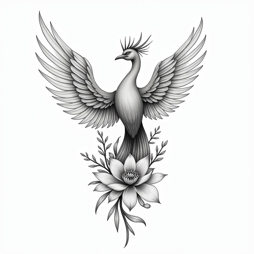 a fine, poetic and symbolic design representing a stylized phoenix – a symbol of rebirth and transformation. I would like this phoenix to be surrounded by flowers (lotus, magnolia) and delicate foliage, with a very feminine, modern, and light line.
The tattoo will also have a strong personal dimension:
• A lotus flower with the letter M integrated to represent my daughter Margot (born on 10/05/2016).
• A feather transforming into a constellation with a discreet W for my son William (born on 07/04/2015).
Finally, I would like to integrate a small discreet phrase separately or below:
"I rose quietly, but forever."higly detailed tattoo - Variation 3