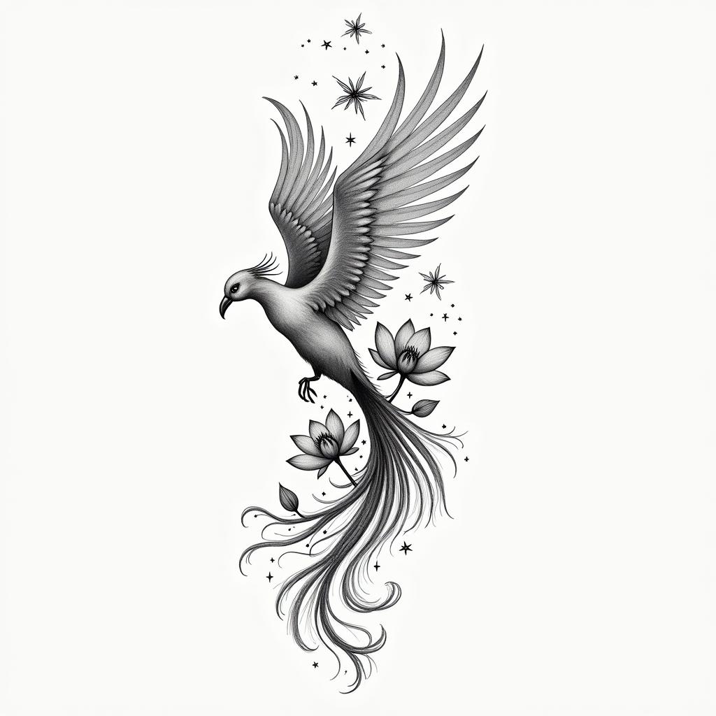 a fine, poetic and symbolic design representing a stylized phoenix – a symbol of rebirth and transformation. I would like this phoenix to be surrounded by flowers (lotus, magnolia) and delicate foliage, with a very feminine, modern, and light line.
The tattoo will also have a strong personal dimension:
• A lotus flower with the letter M integrated to represent my daughter Margot (born on 10/05/2016).
• A feather transforming into a constellation with a discreet W for my son William (born on 07/04/2015).
Finally, I would like to integrate a small discreet phrase separately or below:
"I rose quietly, but forever."higly detailed tattoo - Variation 4