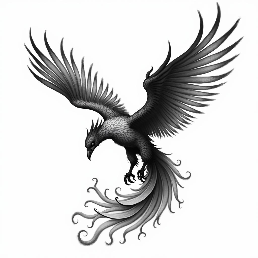 Flying phoenix with firetext-based tattoo, japanese font ultra-realistic, perfectly placed, high-quality font design, photo-realistic shading, 8k, high quality, finely detailed typograph - Variation 3