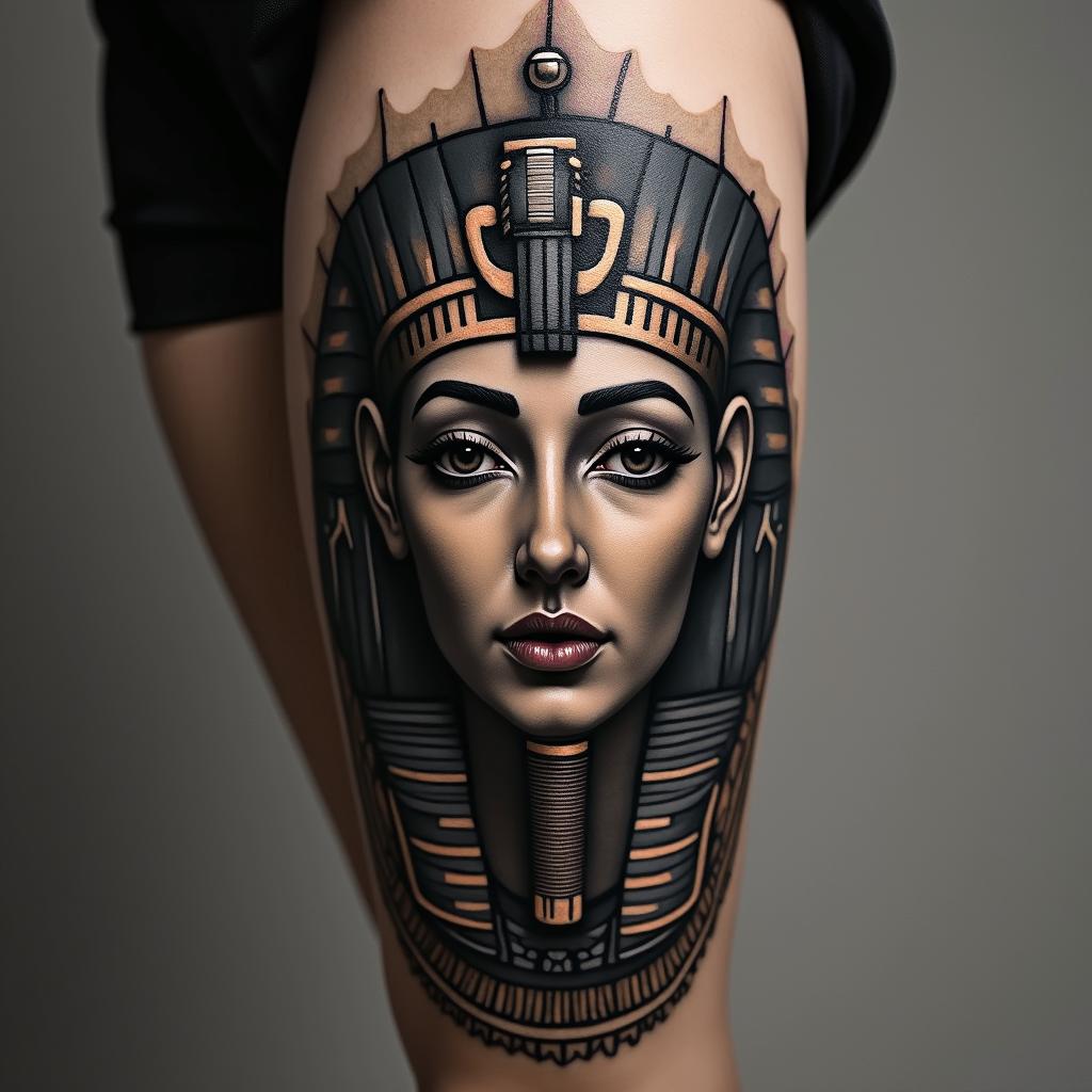 party, heart operation, strength, beauty, passion, music, high vibe, sexy, car, destiny, familyin egyptian style tattoo, bold elements of ancient egyptian culture including a portrait of an Egyptian pharaoh with detailed facial features, in hieroglyphs and symbolic imagery, eye of horus, ankh symbol, scarab beetle - Variation 4