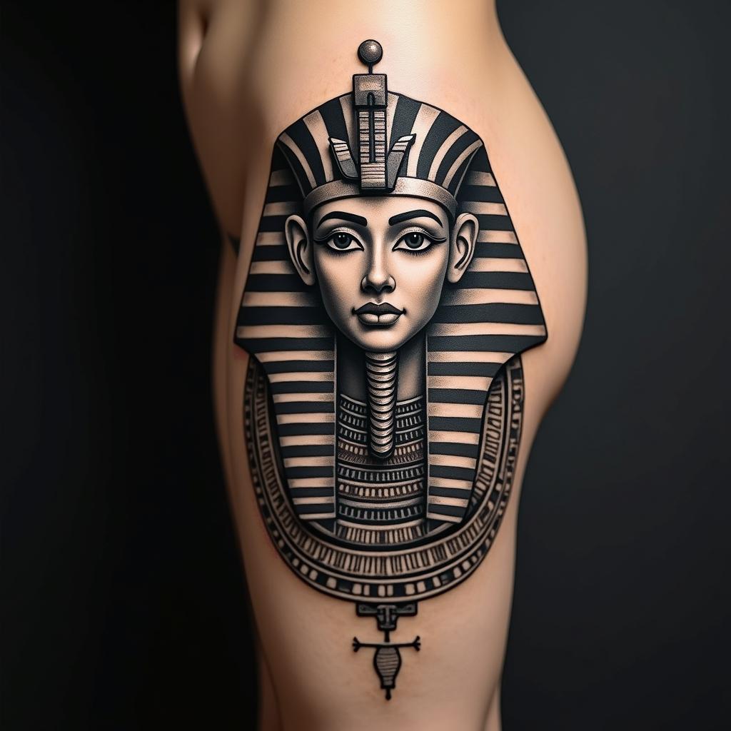 party, heart operation, strength, beauty, passion, music, high vibe, sexy, car, destiny, familyin egyptian style tattoo, bold elements of ancient egyptian culture including a portrait of an Egyptian pharaoh with detailed facial features, in hieroglyphs and symbolic imagery, eye of horus, ankh symbol, scarab beetle - Variation 2