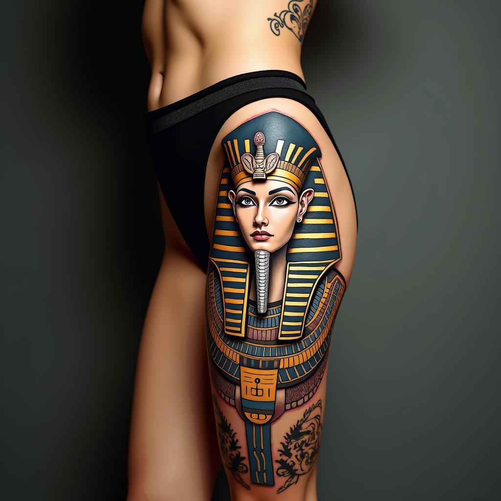 party, heart operation, strength, beauty, passion, music, high vibe, sexy, car, destiny, familyin egyptian style tattoo, bold elements of ancient egyptian culture including a portrait of an Egyptian pharaoh with detailed facial features, in hieroglyphs and symbolic imagery, eye of horus, ankh symbol, scarab beetle