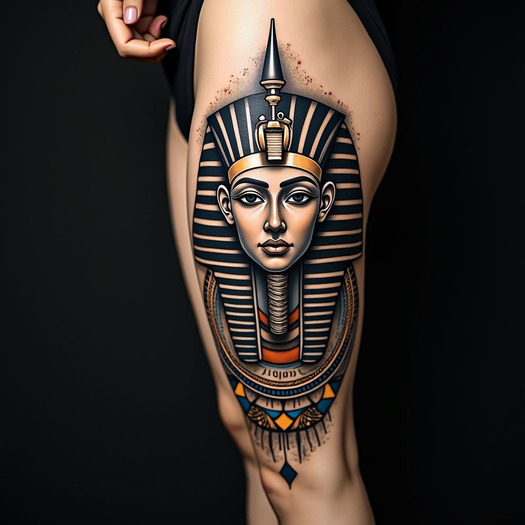 party, heart operation, strength, beauty, passion, music, high vibe, sexy, car, destiny, familyin egyptian style tattoo, bold elements of ancient egyptian culture including a portrait of an Egyptian pharaoh with detailed facial features, in hieroglyphs and symbolic imagery, eye of horus, ankh symbol, scarab beetle - Variation 3
