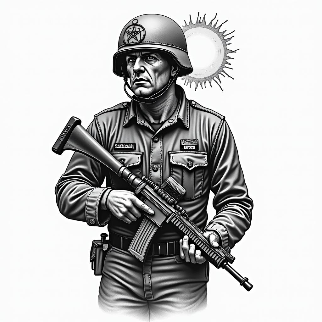 American Soldier, PTSD, Aquarius, Depression, Anxietyin authentic tattoo style, incorporating traditional modifications, bold black outlines, solid color fills, featuring classic authentic elements - Variation 2