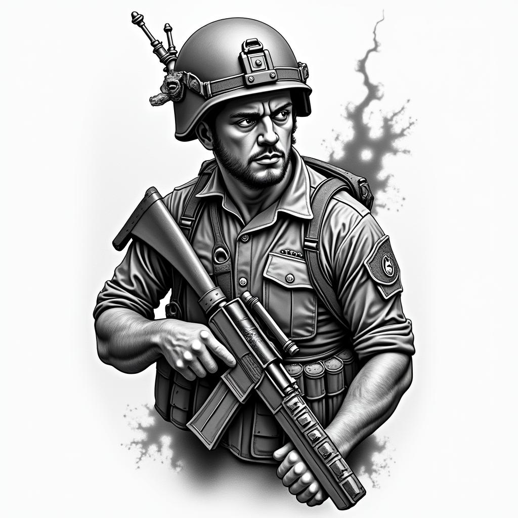 American Soldier, PTSD, Aquarius, Depression, Anxietyin authentic tattoo style, incorporating traditional modifications, bold black outlines, solid color fills, featuring classic authentic elements - Variation 3
