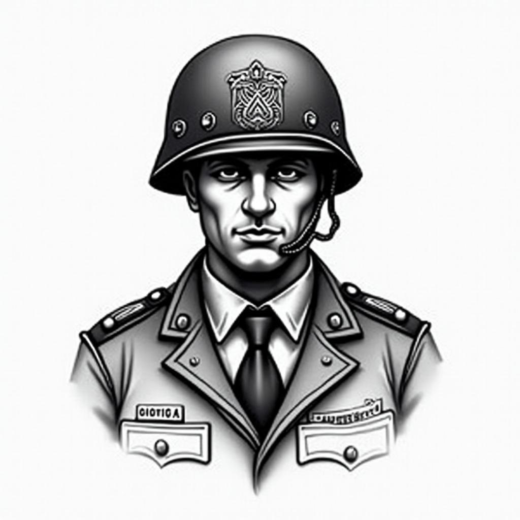 American Soldier, PTSD, Aquarius, Depression, Anxietyin authentic tattoo style, incorporating traditional modifications, bold black outlines, solid color fills, featuring classic authentic elements