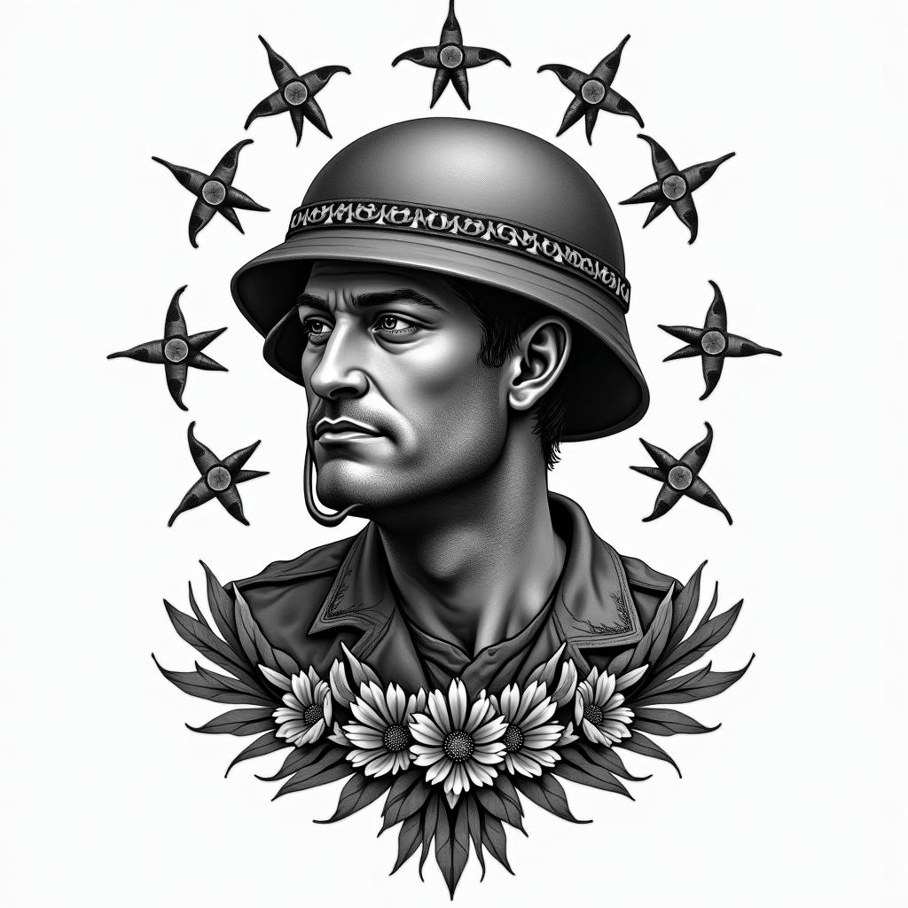 American Soldier, PTSD, Aquarius, Depression, Anxietyin authentic tattoo style, incorporating traditional modifications, bold black outlines, solid color fills, featuring classic authentic elements - Variation 4