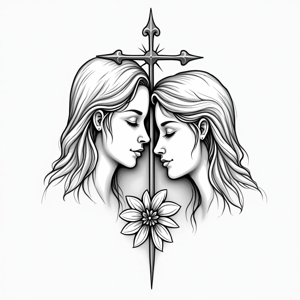 Meaningful for mother daughter, simple, religious symbol, line drawinghigly detailed tattoo - Variation 4