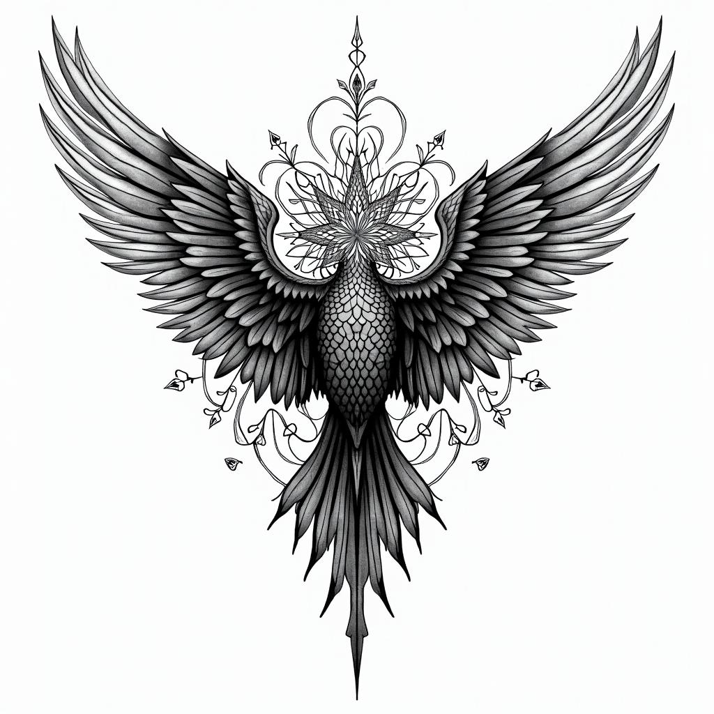 Against broken wings,
A front afraid,
Rise anew.in dotwork style tattoo, complex mandala patterns, interlocking geometric shapes with sharp symmetry, clean lines, sharp angles - Variation 3