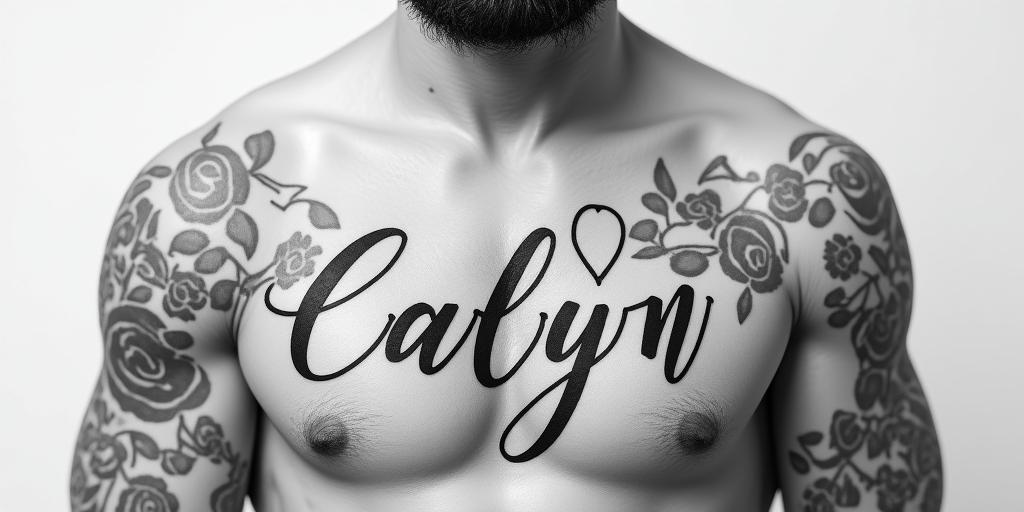 Carlyn Richardin elegant cursive calligraphy style 2d tattoo, decorate with roses, featuring a smooth and flowing handwritten script with slightly thickened strokes for a luxurious and bold appearance,  heart symbol between names,  sleek and glossy black text with shadowing, minimalist matte white background, clean and sharp edges, illuminated with soft lighting, romantic, 8k, high-quality textures with refined typography - Variation 3