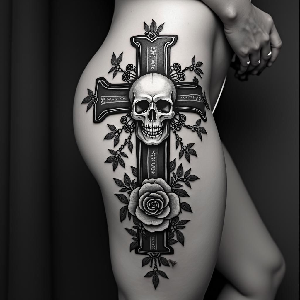 party, heart operation, strength, beauty, passion, music, high bibra, sexy, car, destiny, familyin chicano style tattoo, featuring intricate black and grey shading, bold elements of traditional chicano culture symbols, add a big cross with skull, chains and roses - Variation 3