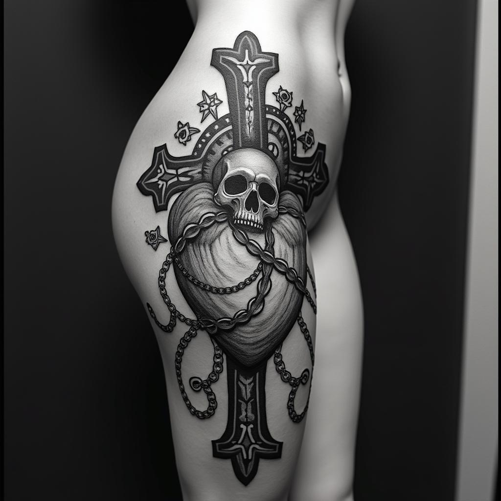 party, heart operation, strength, beauty, passion, music, high bibra, sexy, car, destiny, familyin chicano style tattoo, featuring intricate black and grey shading, bold elements of traditional chicano culture symbols, add a big cross with skull, chains and roses - Variation 4