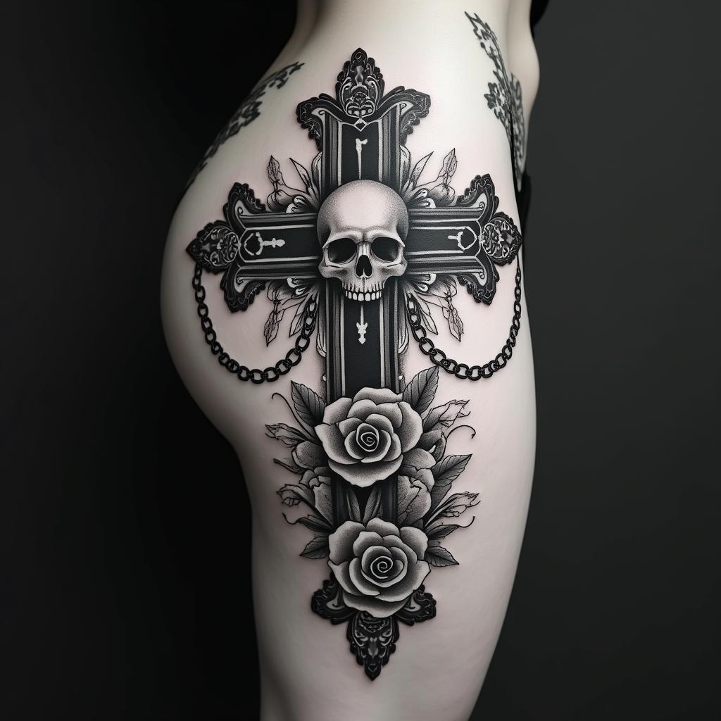 party, heart operation, strength, beauty, passion, music, high bibra, sexy, car, destiny, familyin chicano style tattoo, featuring intricate black and grey shading, bold elements of traditional chicano culture symbols, add a big cross with skull, chains and roses