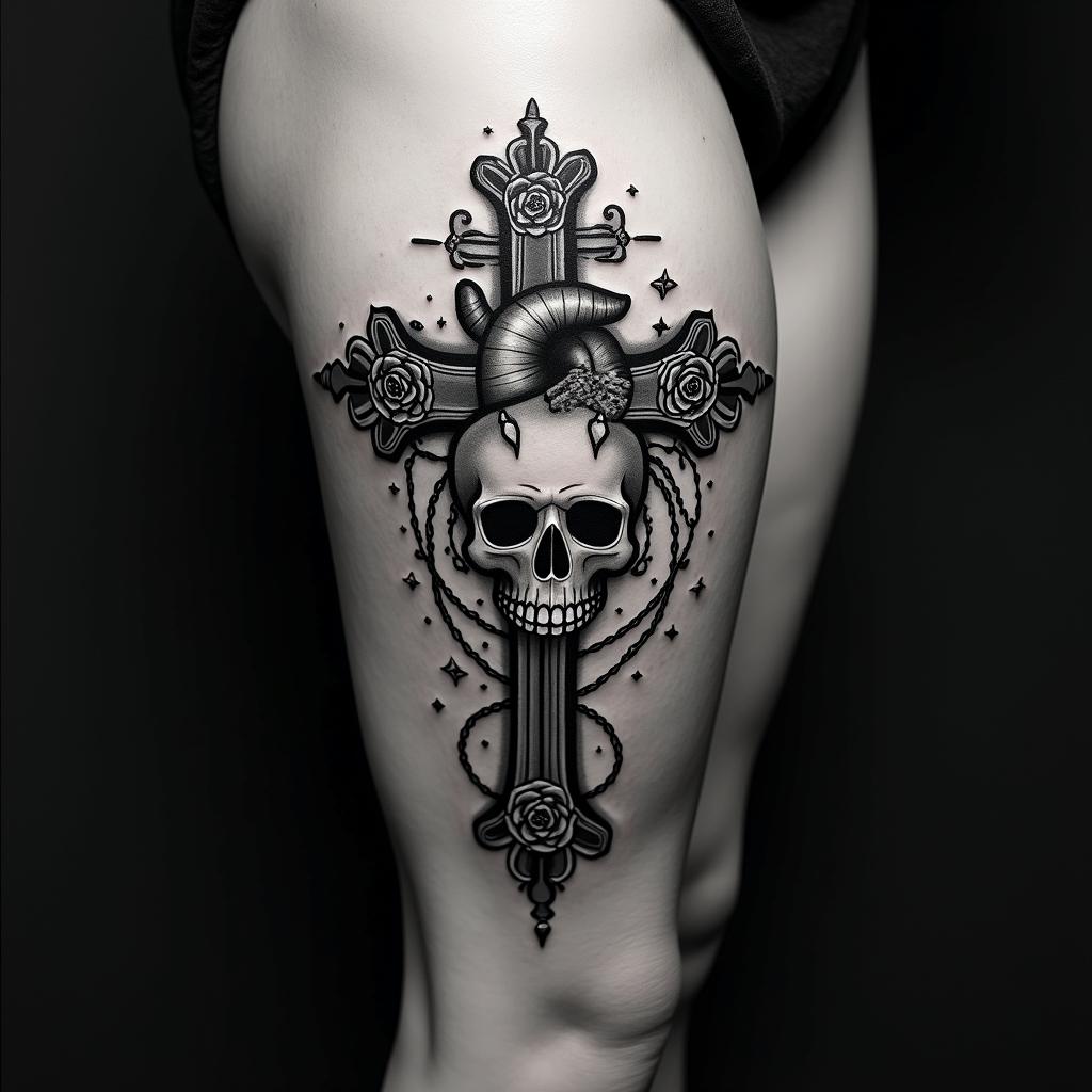 party, heart operation, strength, beauty, passion, music, high bibra, sexy, car, destiny, familyin chicano style tattoo, featuring intricate black and grey shading, bold elements of traditional chicano culture symbols, add a big cross with skull, chains and roses - Variation 2