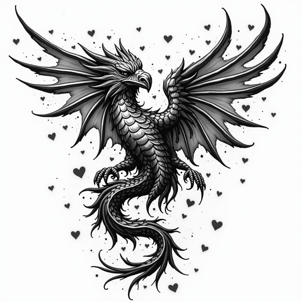 Darlene, Dragon, Phoenixin graffiti style tattoo, featuring bold and dynamic street art elements, spray-paint texture with exaggerated lines and expressive, chaotic brushstrokes, intricate lettering incorporated with graffiti tags, symbols like hearts, stars, and wings - Variation 2