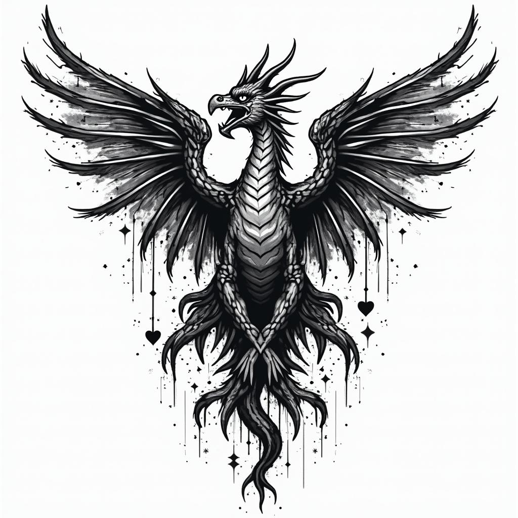 Darlene, Dragon, Phoenixin graffiti style tattoo, featuring bold and dynamic street art elements, spray-paint texture with exaggerated lines and expressive, chaotic brushstrokes, intricate lettering incorporated with graffiti tags, symbols like hearts, stars, and wings - Variation 3