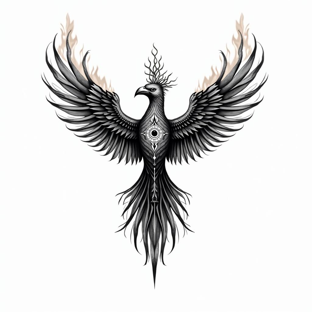 Flying phoenix with firein spiritual symbols tattoo style, featuring an intricate design incorporating elements, Hamsa hand, third eye, minimalist composition - Variation 1