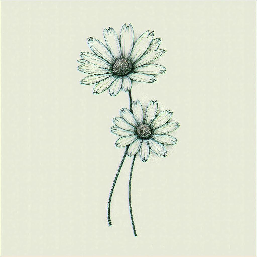 A snowdrop flower and a daisy flower bouquet together, fine lines, minimalin minimalist style tattoo, featuring simple shapes and fine lines, with minimal shading and details, tiny triangles, creating a sense of balance and harmony - Variation 4