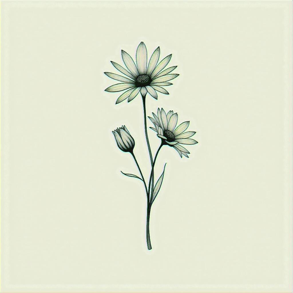 A snowdrop flower and a daisy flower bouquet together, fine lines, minimalin minimalist style tattoo, featuring simple shapes and fine lines, with minimal shading and details, tiny triangles, creating a sense of balance and harmony - Variation 3