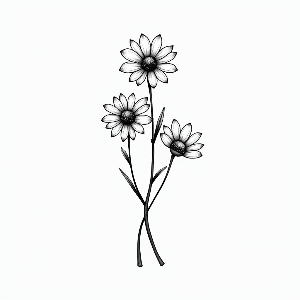 A snowdrop flower and a daisy flower bouquet together, fine lines, minimalin minimalist style tattoo, featuring simple shapes and fine lines, with minimal shading and details, tiny triangles, creating a sense of balance and harmony