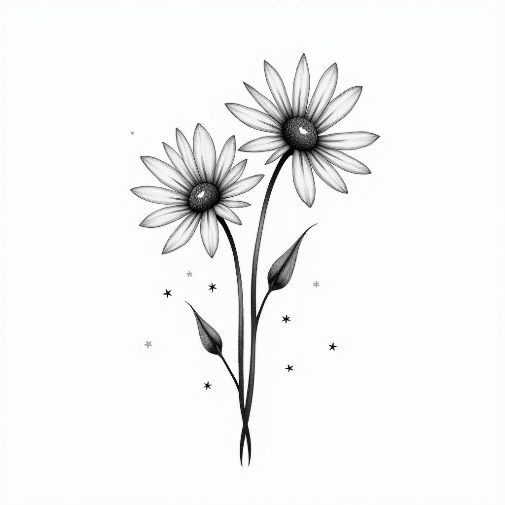 A snowdrop flower and a daisy flower bouquet together, fine lines, minimalin minimalist style tattoo, featuring simple shapes and fine lines, with minimal shading and details, tiny triangles, creating a sense of balance and harmony - Variation 2