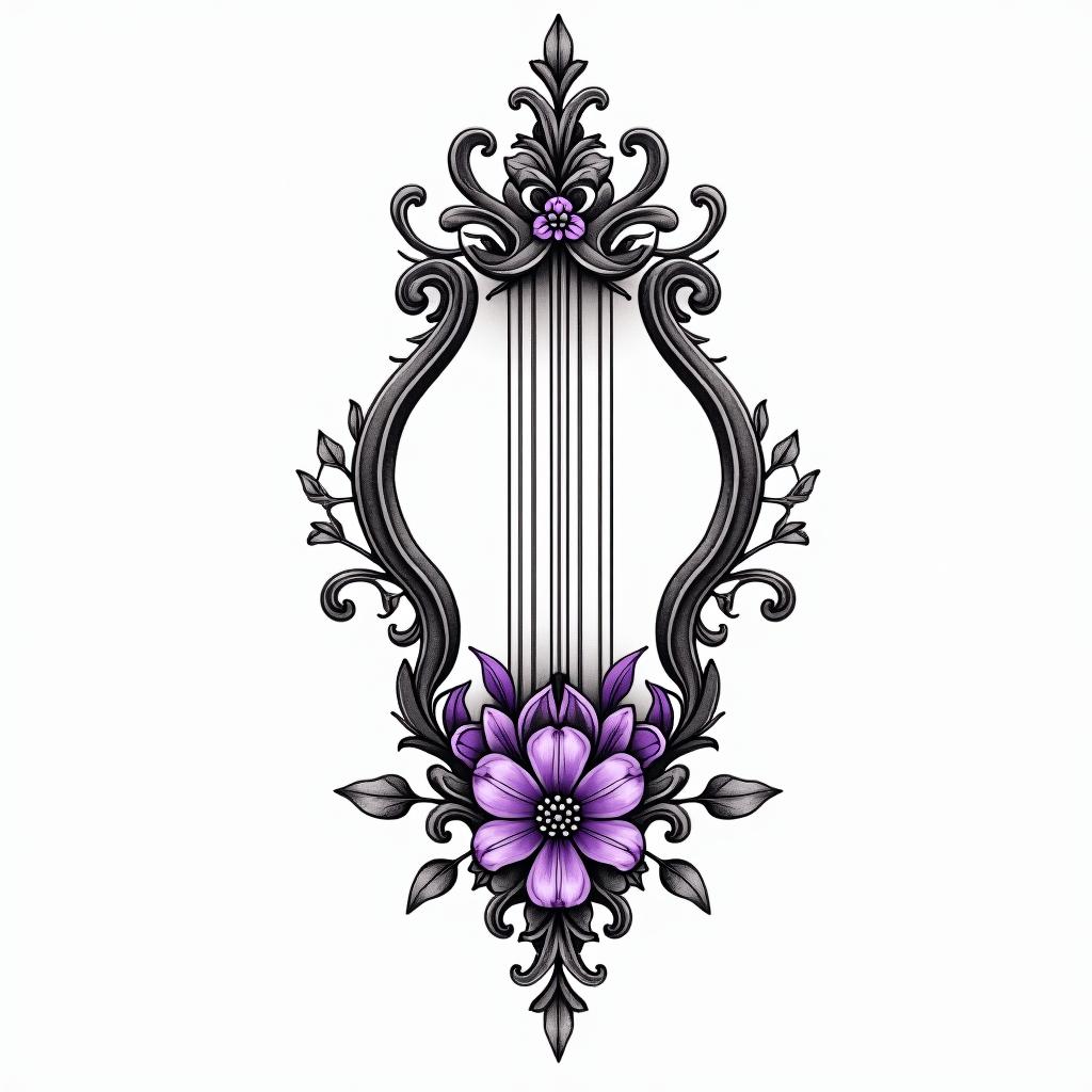 Delicate Harp with violet flowersin ornamental tattoo style, featuring intricate symmetrical patterns and floral designs, showcasing highly detailed line work and geometric shapes, creating a sense of elegance and balance - Variation 7