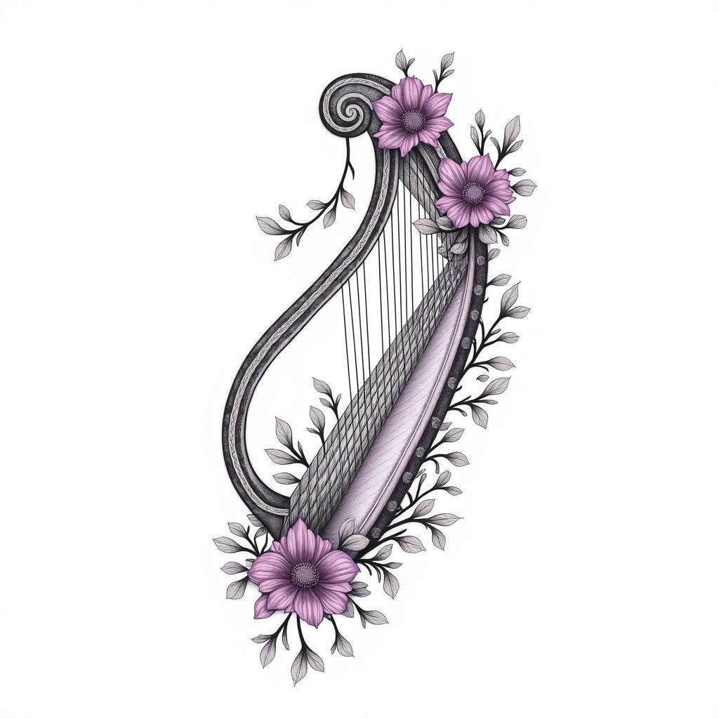 Delicate Harp with violet flowersin ornamental tattoo style, featuring intricate symmetrical patterns and floral designs, showcasing highly detailed line work and geometric shapes, creating a sense of elegance and balance - Variation 8