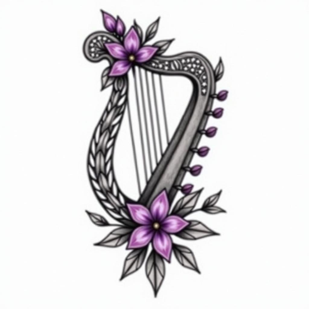 Delicate Harp with violet flowersin ornamental tattoo style, featuring intricate symmetrical patterns and floral designs, showcasing highly detailed line work and geometric shapes, creating a sense of elegance and balance - Variation 5
