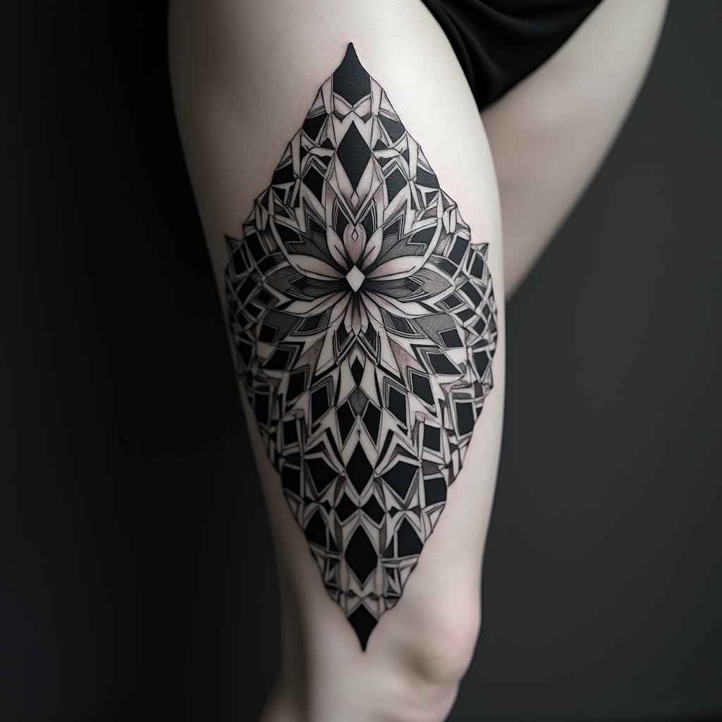 party, heart operation, strength, beauty, passion, music, high vibe, sexy, car, destiny, family in geometric style tattoo, blending hexagons, mandala-inspired patterns, symmetrical and fractal design, clean lines, sharp angles - Variation 1