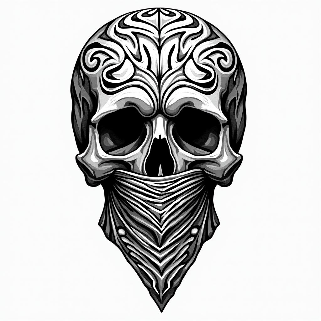 Skull with bandana over mouthin tribal tattoo style, featuring bold and black geometric shapes, curved lines, intertwine and flow seamlessly, creating a powerful and symbolic design, polynesian and maori styles - Variation 4
