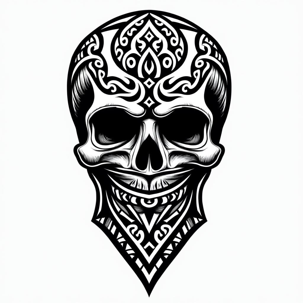 Skull with bandana over mouthin tribal tattoo style, featuring bold and black geometric shapes, curved lines, intertwine and flow seamlessly, creating a powerful and symbolic design, polynesian and maori styles - Variation 3