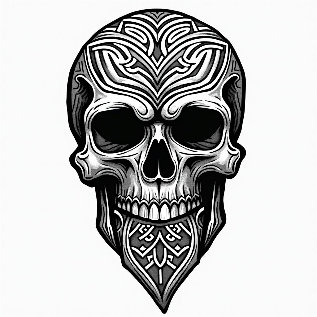 Skull with bandana over mouthin tribal tattoo style, featuring bold and black geometric shapes, curved lines, intertwine and flow seamlessly, creating a powerful and symbolic design, polynesian and maori styles - Variation 2