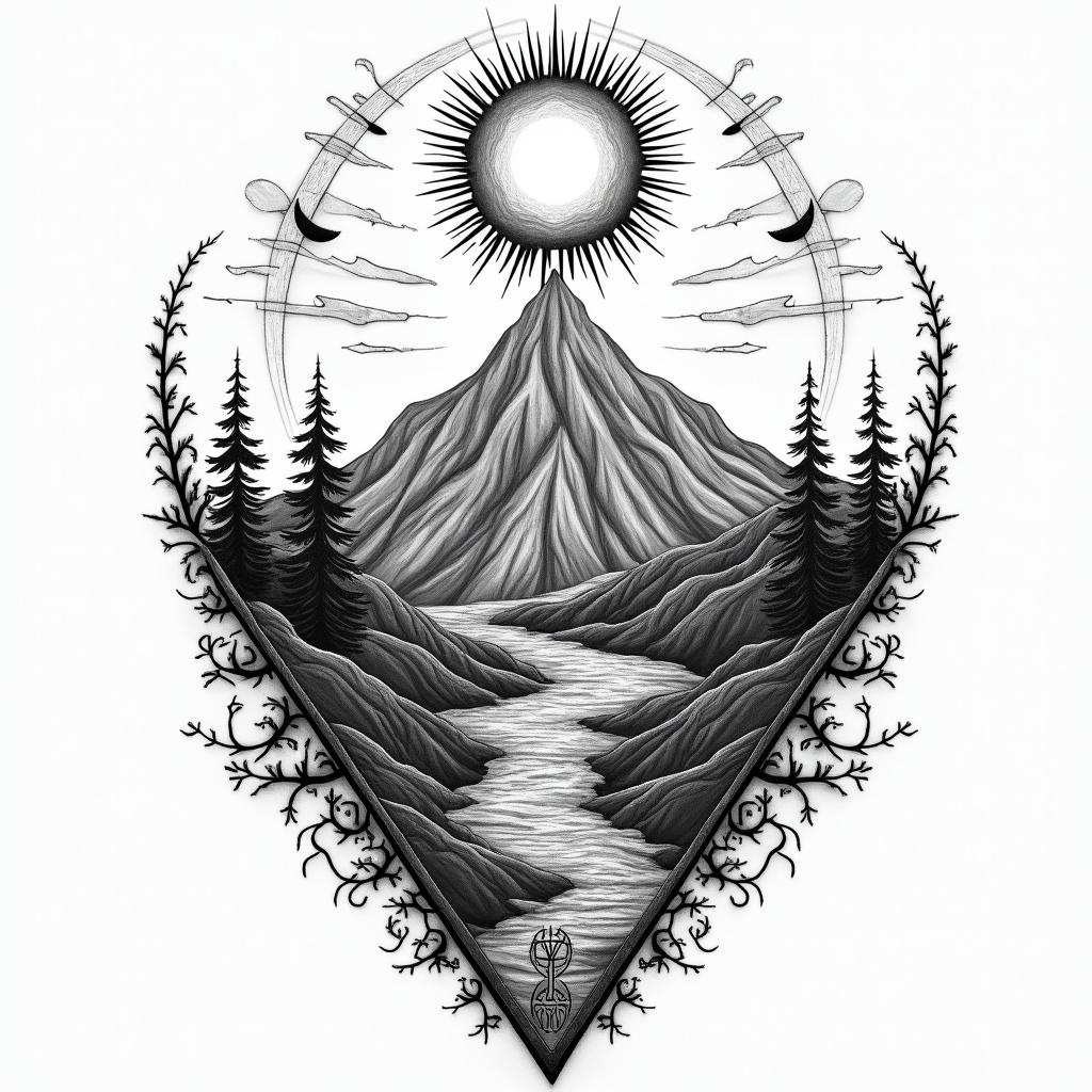 Mountain range with a rising sunin paganic style tattoo, featuring ancient symbols, add vegvisir symbol, mystical figures, incorporating designs, pentagrams, runes, crescent moons, - Variation 4