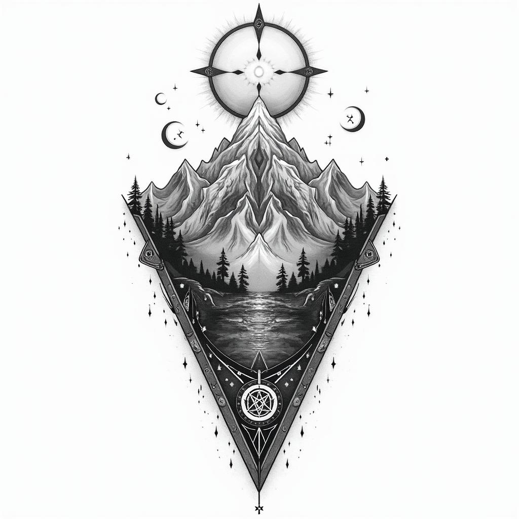 Mountain range with a rising sunin paganic style tattoo, featuring ancient symbols, add vegvisir symbol, mystical figures, incorporating designs, pentagrams, runes, crescent moons, - Variation 3