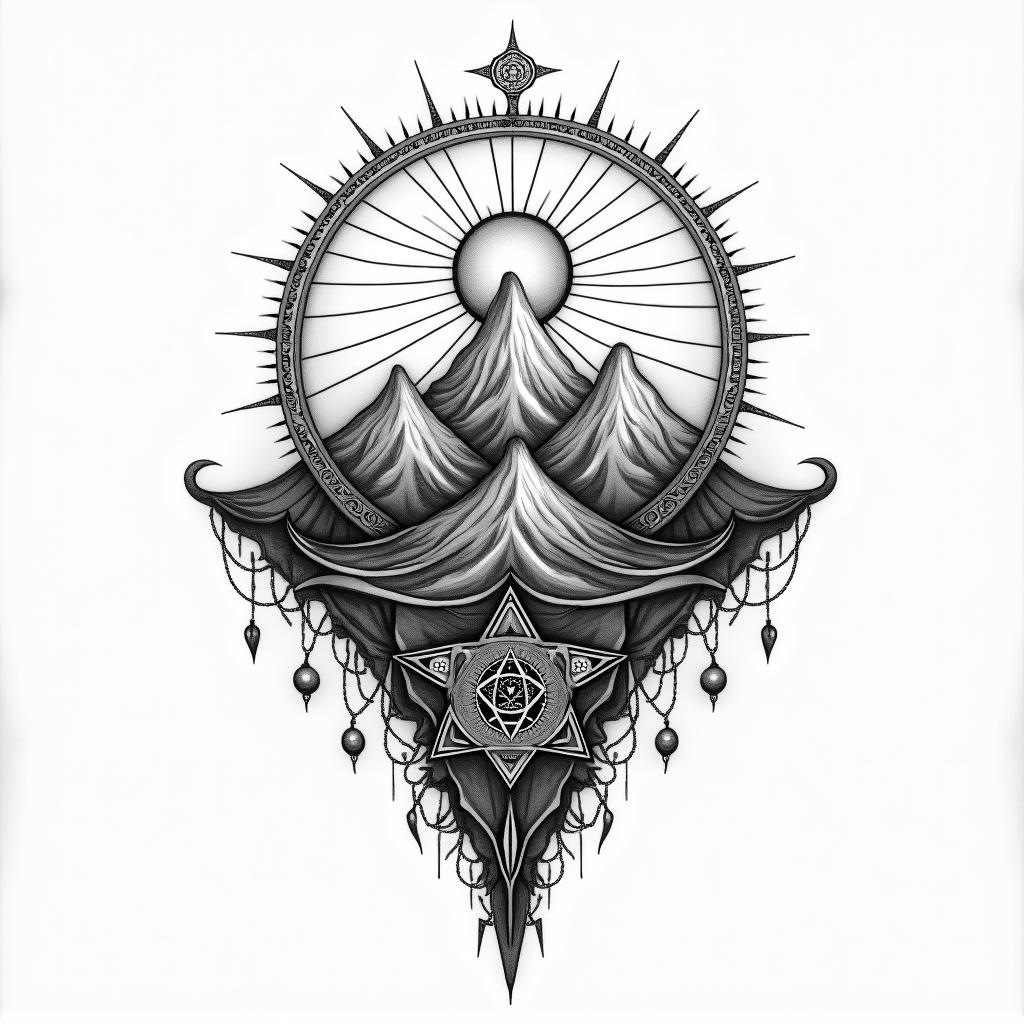 Mountain range with a rising sunin paganic style tattoo, featuring ancient symbols, add vegvisir symbol, mystical figures, incorporating designs, pentagrams, runes, crescent moons, - Variation 2