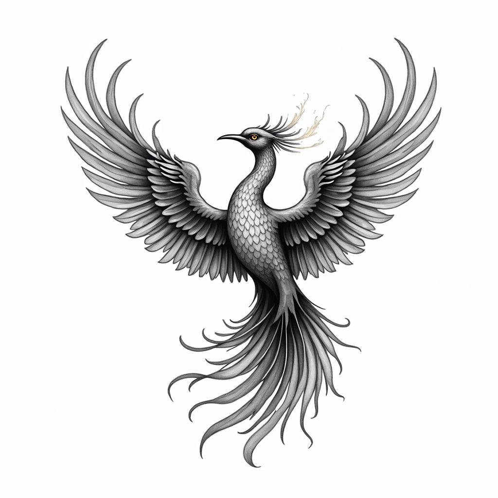Flying phoenix with firein ornamental tattoo style, featuring intricate symmetrical patterns and floral designs, showcasing highly detailed line work and geometric shapes, creating a sense of elegance and balance - Variation 3