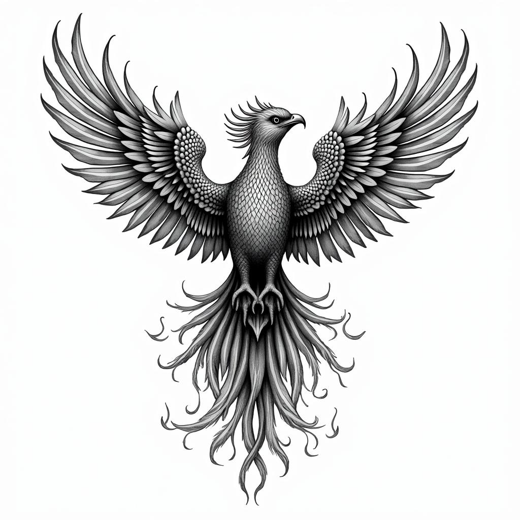 Flying phoenix with firein ornamental tattoo style, featuring intricate symmetrical patterns and floral designs, showcasing highly detailed line work and geometric shapes, creating a sense of elegance and balance - Variation 2