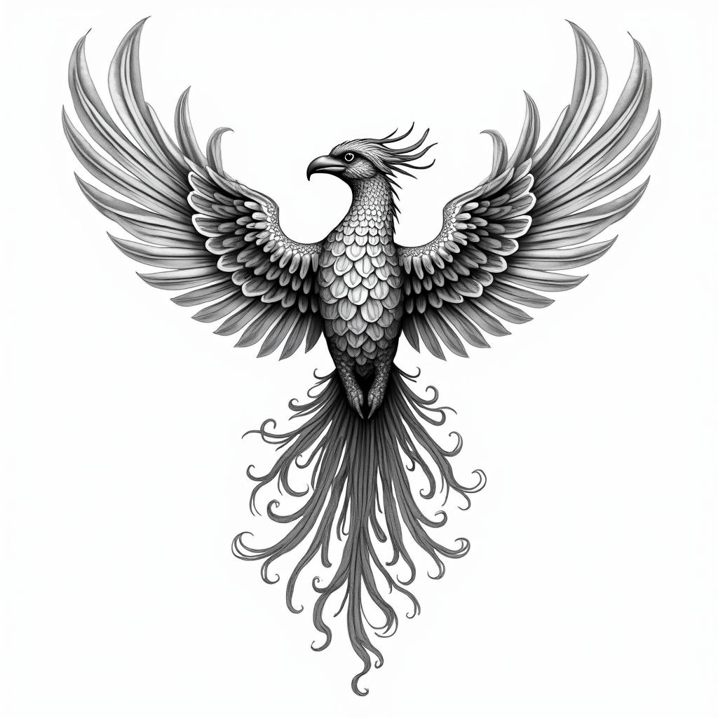 Flying phoenix with firein ornamental tattoo style, featuring intricate symmetrical patterns and floral designs, showcasing highly detailed line work and geometric shapes, creating a sense of elegance and balance - Variation 4