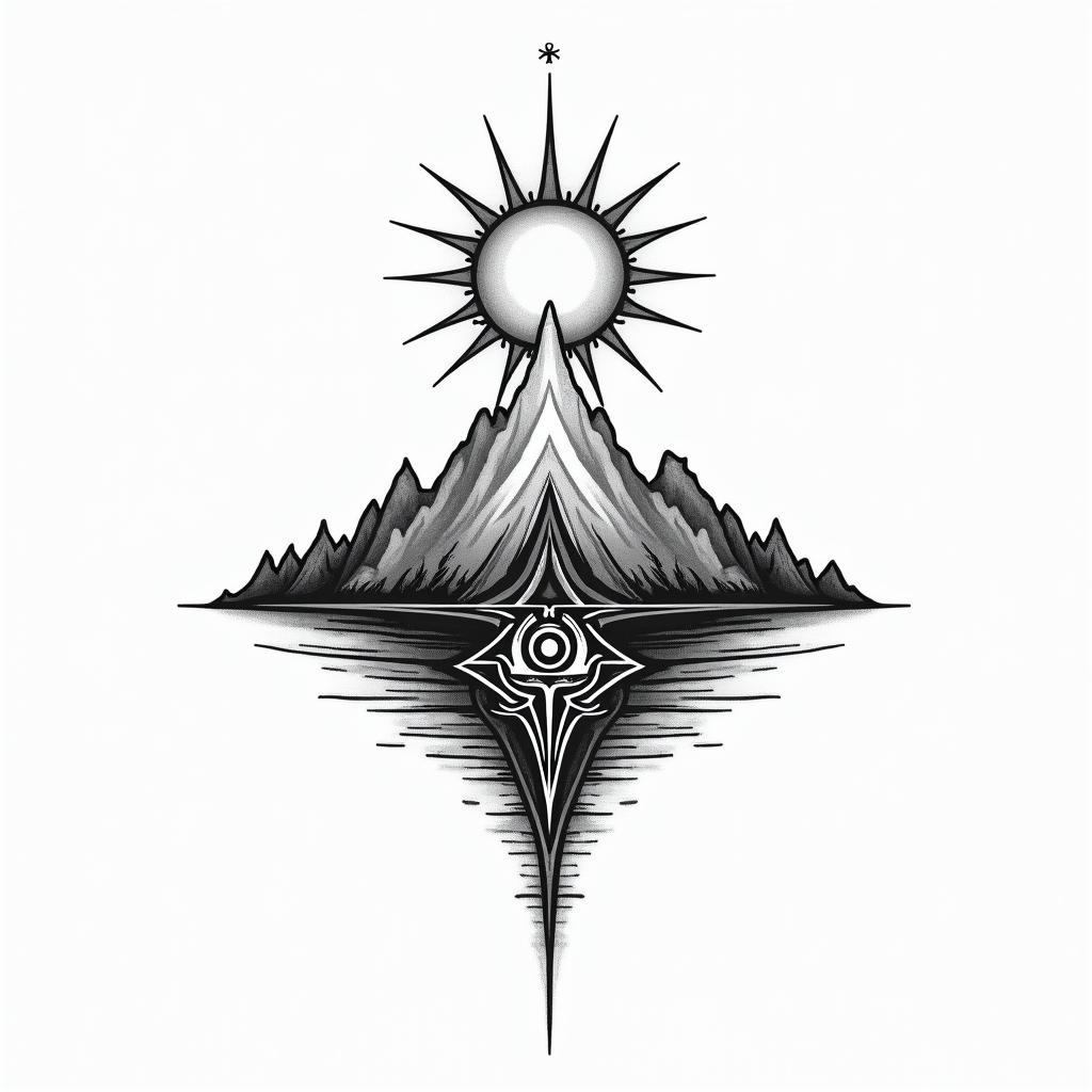 Mountain range with a rising sunin spiritual symbols tattoo style, featuring an intricate design incorporating elements, Hamsa hand, third eye, minimalist composition - Variation 4