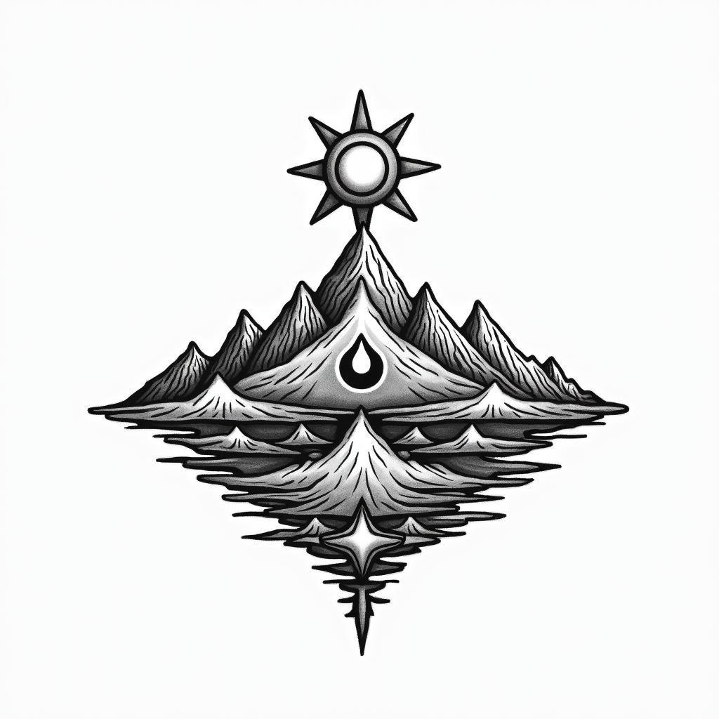 Mountain range with a rising sunin spiritual symbols tattoo style, featuring an intricate design incorporating elements, Hamsa hand, third eye, minimalist composition - Variation 2