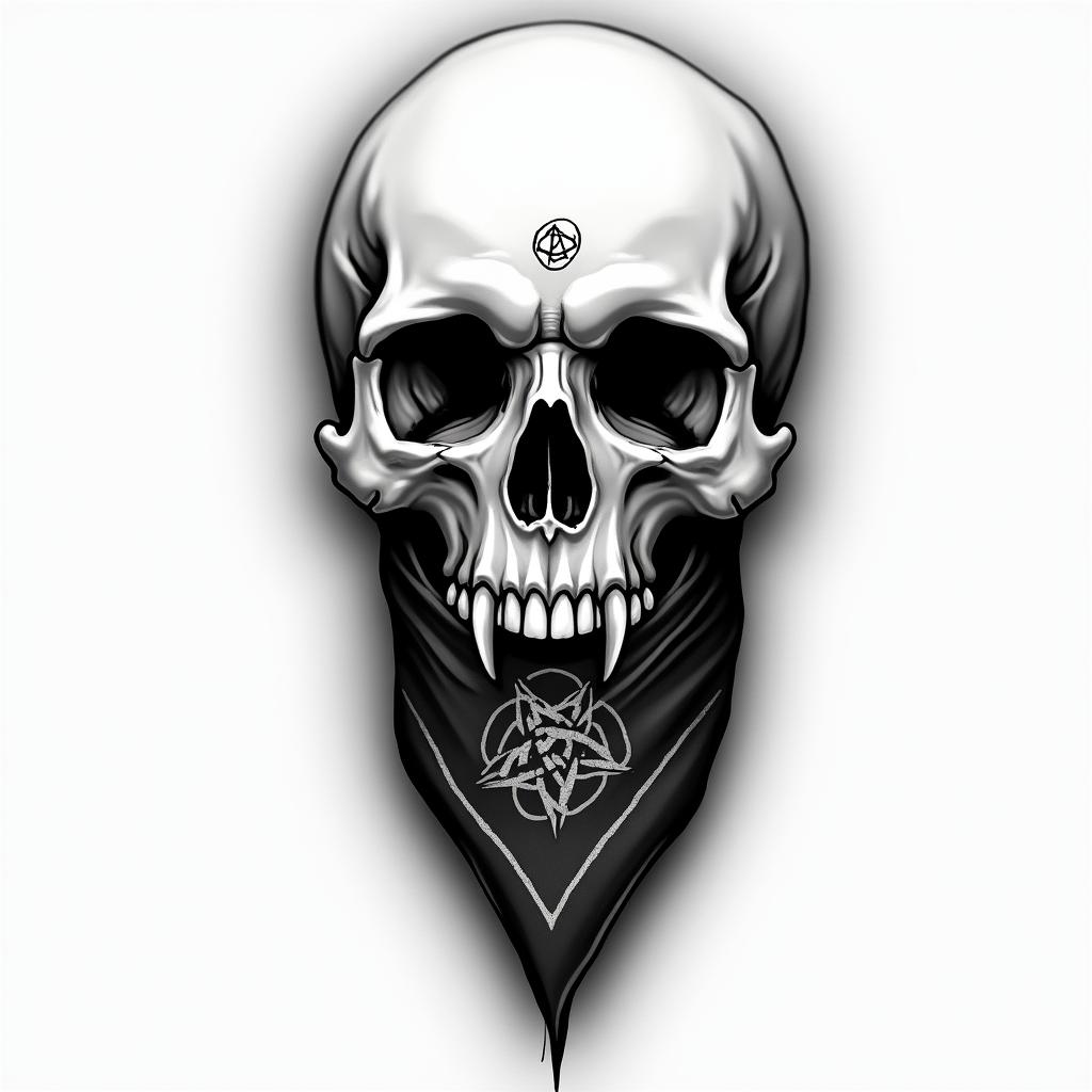 Skull with bandana over mouthcreepy horror tattoo style, featuring an eerie and unsettling skull of a demonic creature, distorted face with sharp fangs, add pentagram symbol - Variation 2