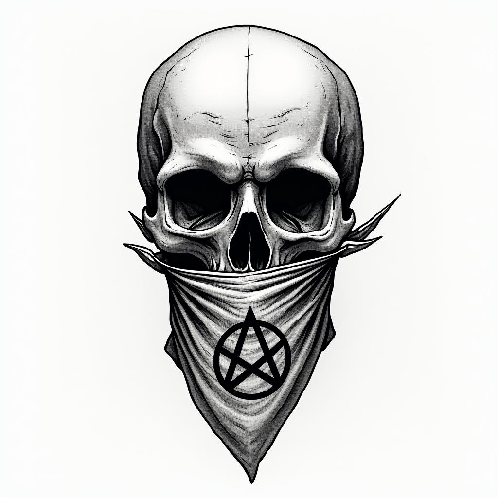 Skull with bandana over mouthcreepy horror tattoo style, featuring an eerie and unsettling skull of a demonic creature, distorted face with sharp fangs, add pentagram symbol - Variation 4