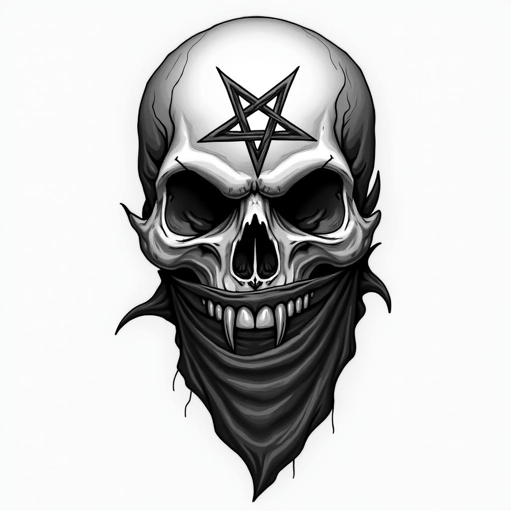 Skull with bandana over mouthcreepy horror tattoo style, featuring an eerie and unsettling skull of a demonic creature, distorted face with sharp fangs, add pentagram symbol - Variation 3