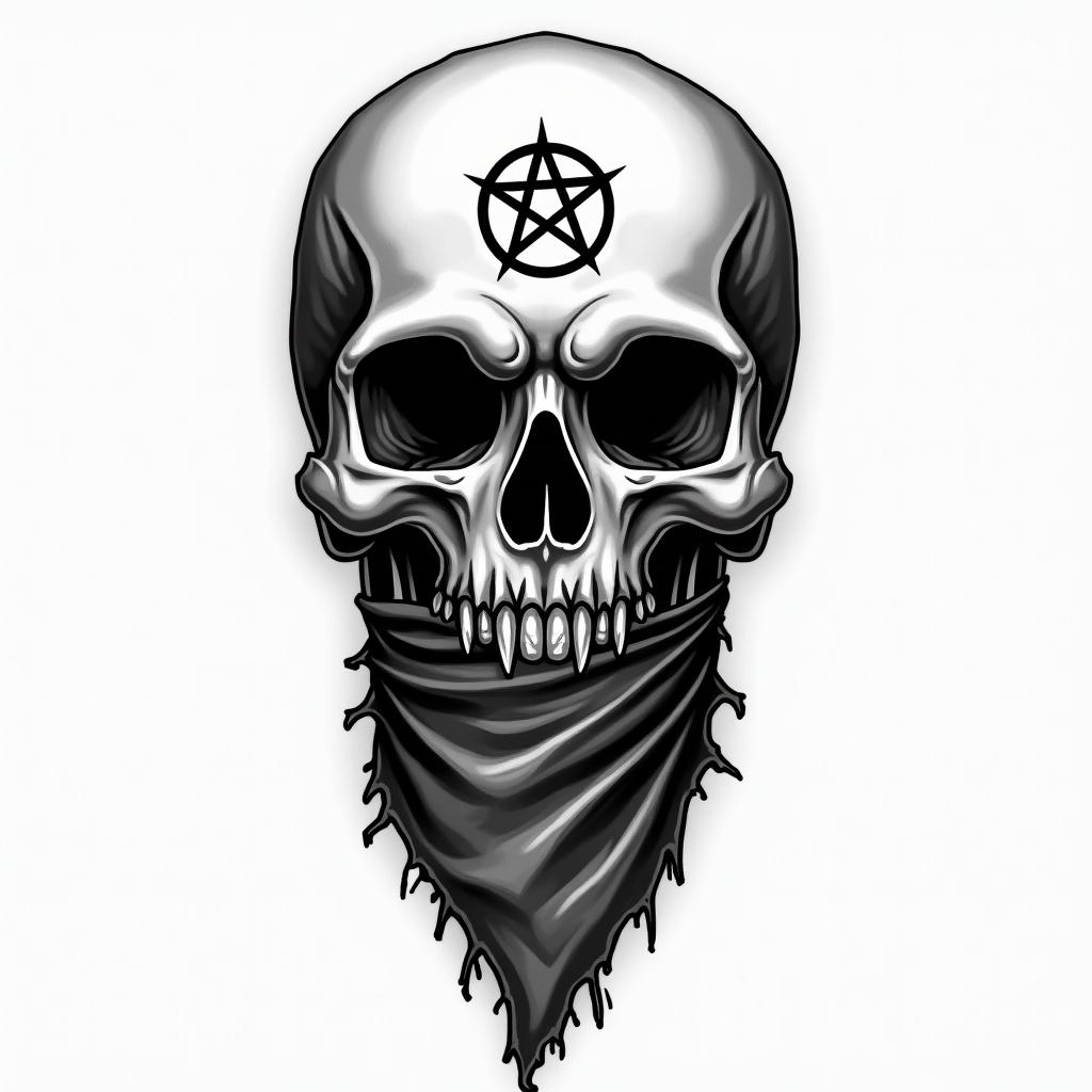 Skull with bandana over mouthcreepy horror tattoo style, featuring an eerie and unsettling skull of a demonic creature, distorted face with sharp fangs, add pentagram symbol - Variation 1