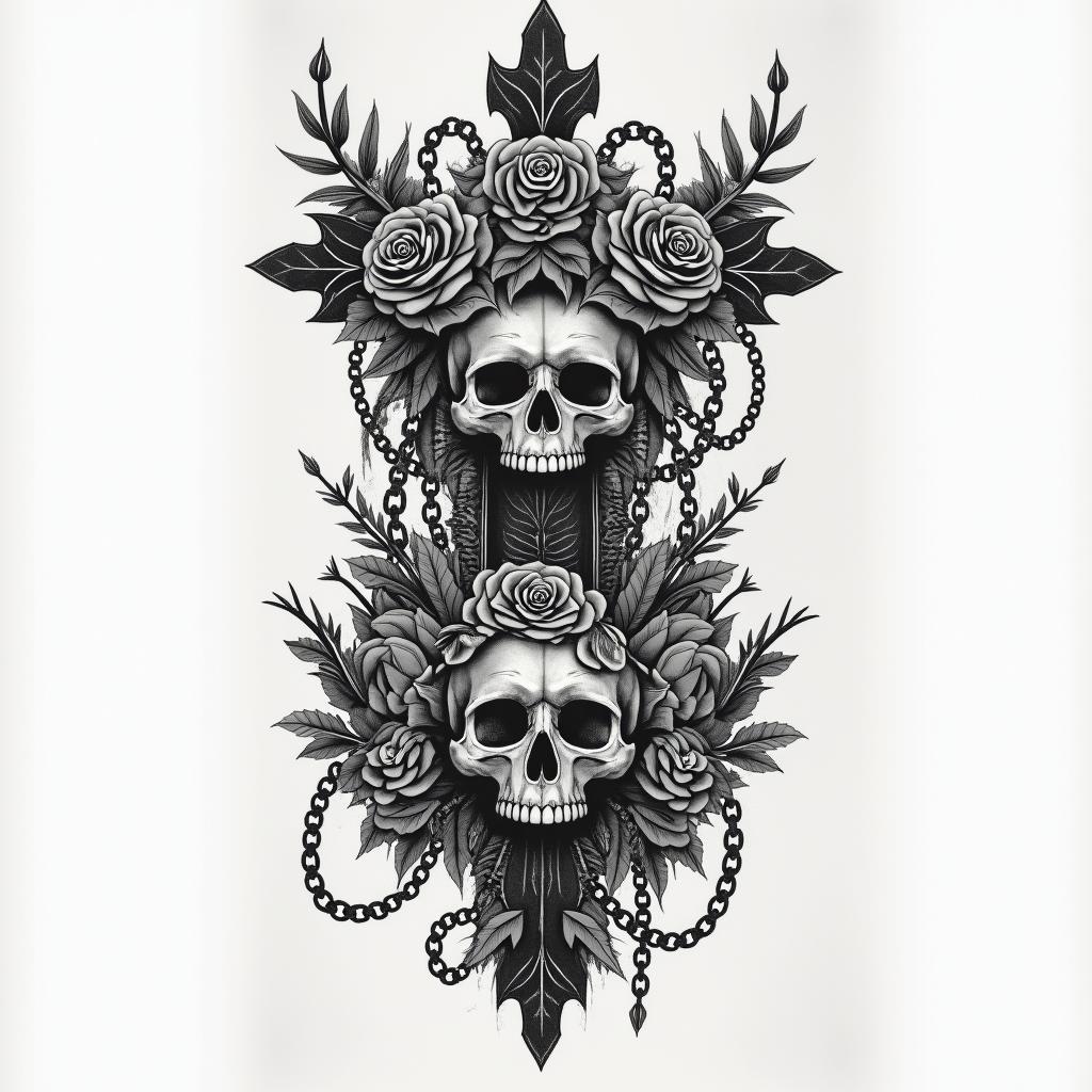 Ideally, something feminine should be delicate on the side of the stomach.in chicano style tattoo, featuring intricate black and grey shading, bold elements of traditional chicano culture symbols, add a big cross with skull, chains and roses