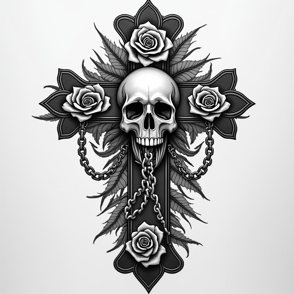 Ideally, something feminine should be delicate on the side of the stomach.in chicano style tattoo, featuring intricate black and grey shading, bold elements of traditional chicano culture symbols, add a big cross with skull, chains and roses - Variation 4