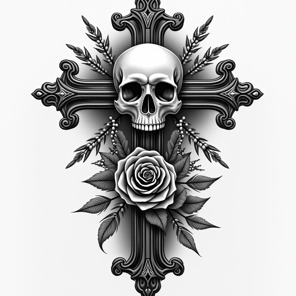 Ideally, something feminine should be delicate on the side of the stomach.in chicano style tattoo, featuring intricate black and grey shading, bold elements of traditional chicano culture symbols, add a big cross with skull, chains and roses - Variation 3