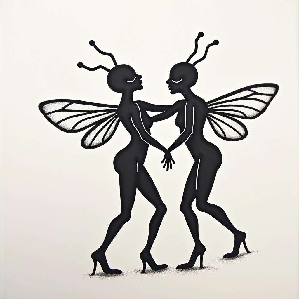 Bees back tattooabstract dancing figures in Keith Haring style, featuring bold black outlines and solid color fills, figures posed in dynamic and playful dance movements, minimalist design - Variation 2