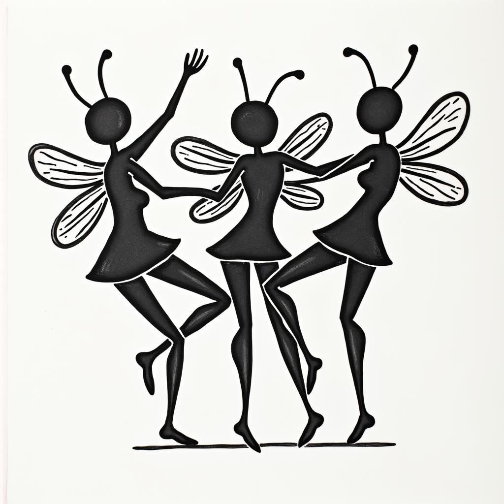 Bees back tattooabstract dancing figures in Keith Haring style, featuring bold black outlines and solid color fills, figures posed in dynamic and playful dance movements, minimalist design - Variation 4